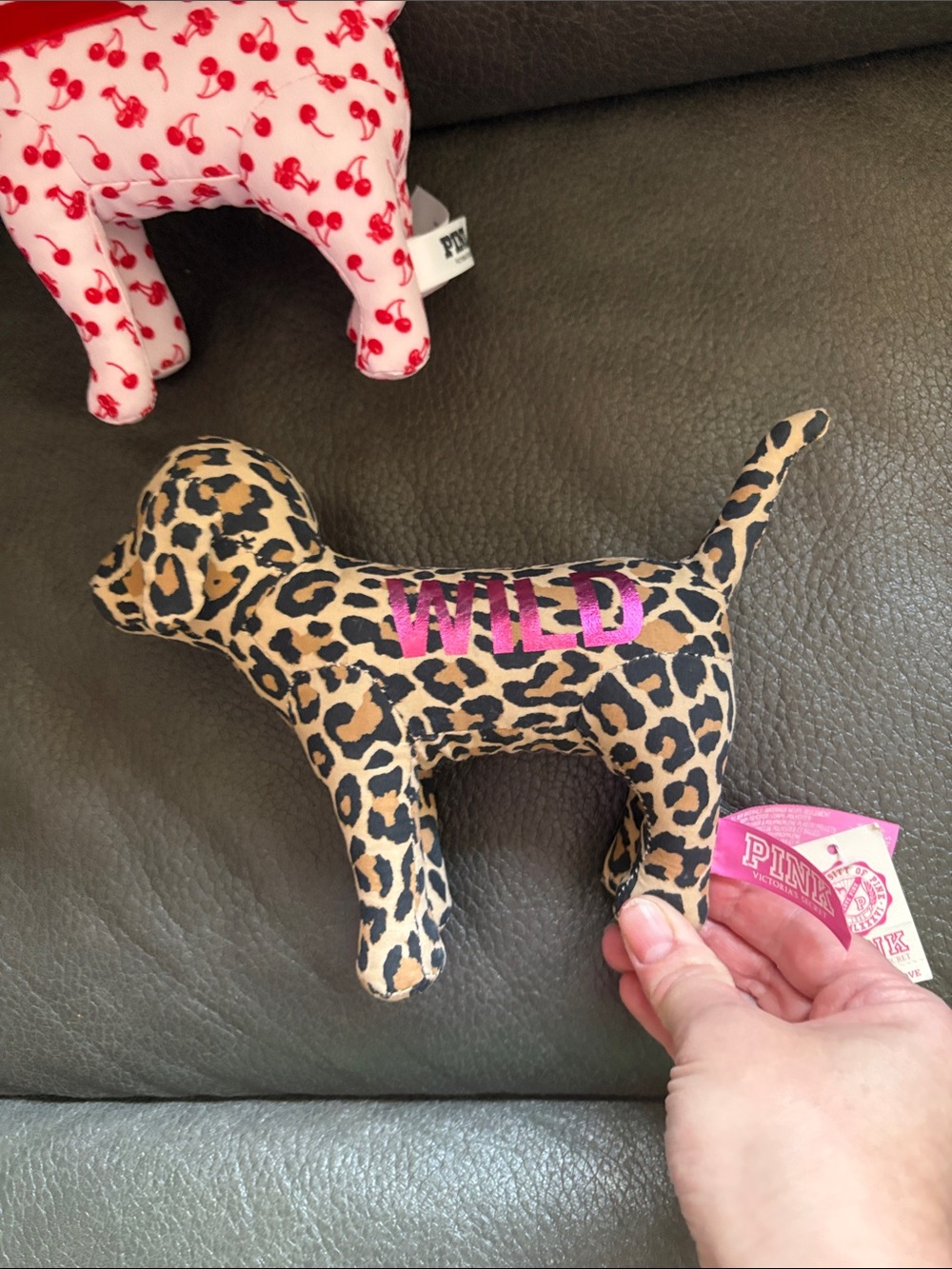 Victoria secret PINK set of two stuffed animal dogs in leopard and cherry - Picture 3 of 5
